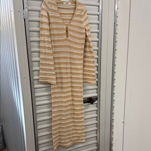 Striped Cream and Tan Crochet Maxi Dress